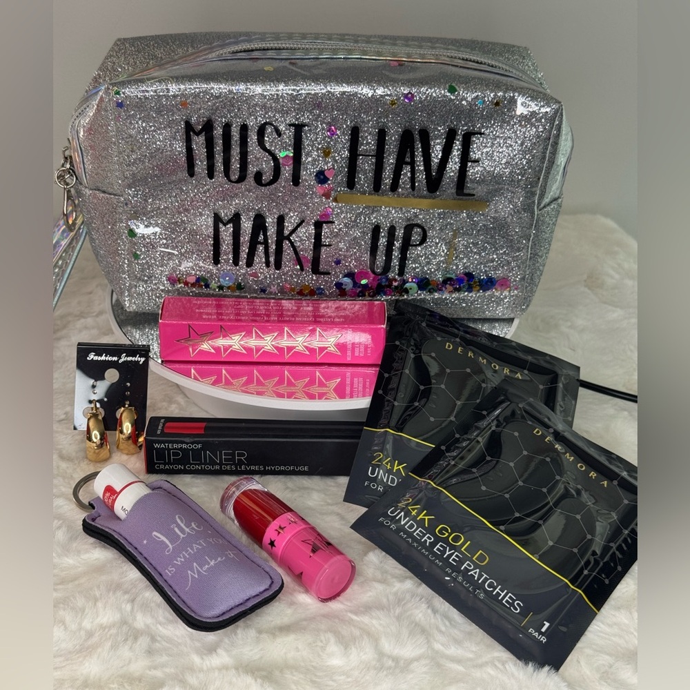 Silver glitter “Must Have MakeUp” Bag with 7 piece beauty bundle